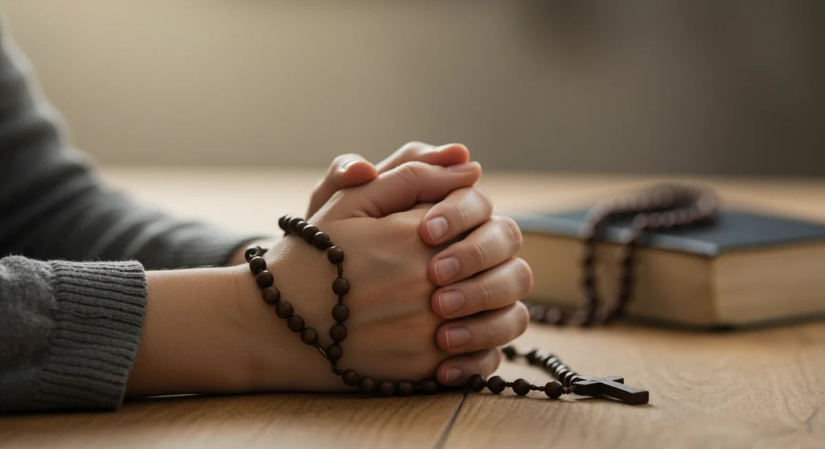 Mãos entrelaçadas em oração, simbolizando conexão e fé.