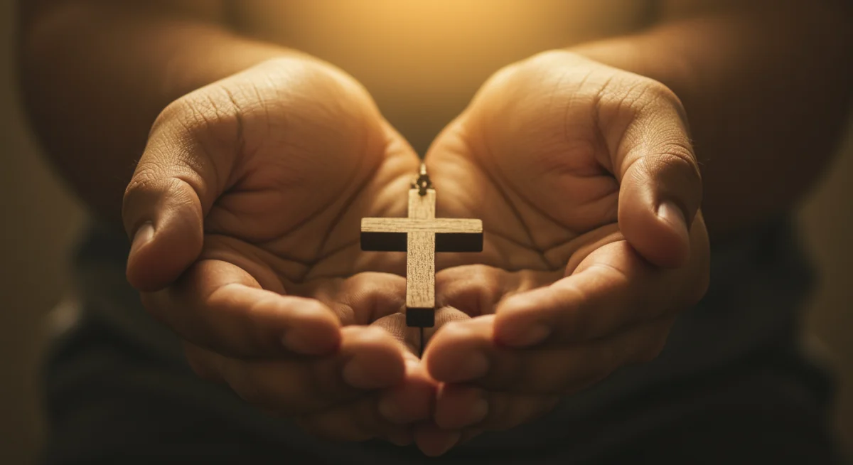 Mãos segurando uma cruz de madeira como símbolo de fé e entrega das preocupações a Deus.