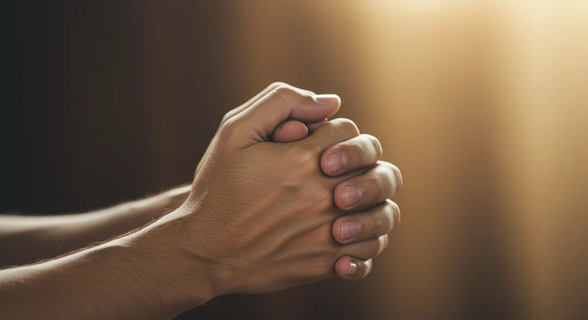 Mãos unidas em oração simbolizando um pedido sincero de arrependimento a Deus.