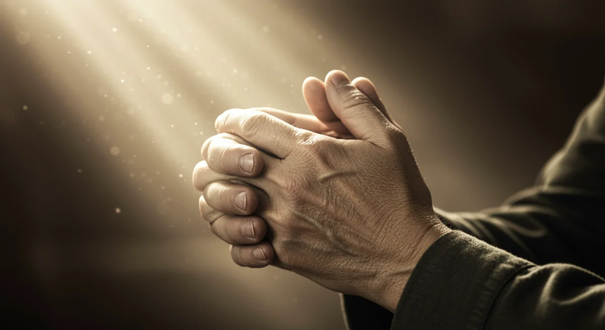 Mãos unidas em oração, simbolizando fé e a busca por uma resposta.