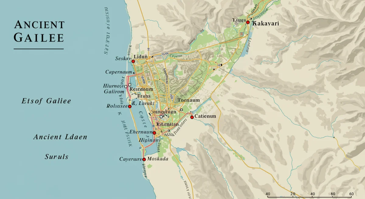 Mapa detalhado da Galileia antiga, com destaque para a região onde Jesus pregou o Sermão da Montanha, ilustrando o cenário geográfico da época.