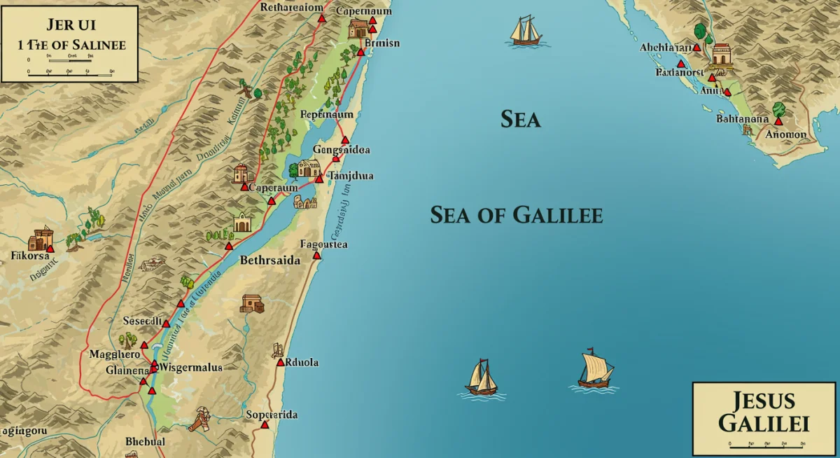 Mapa da Galileia no século I, destacando centros econômicos e rotas comerciais impactadas pelos milagres de Jesus.
