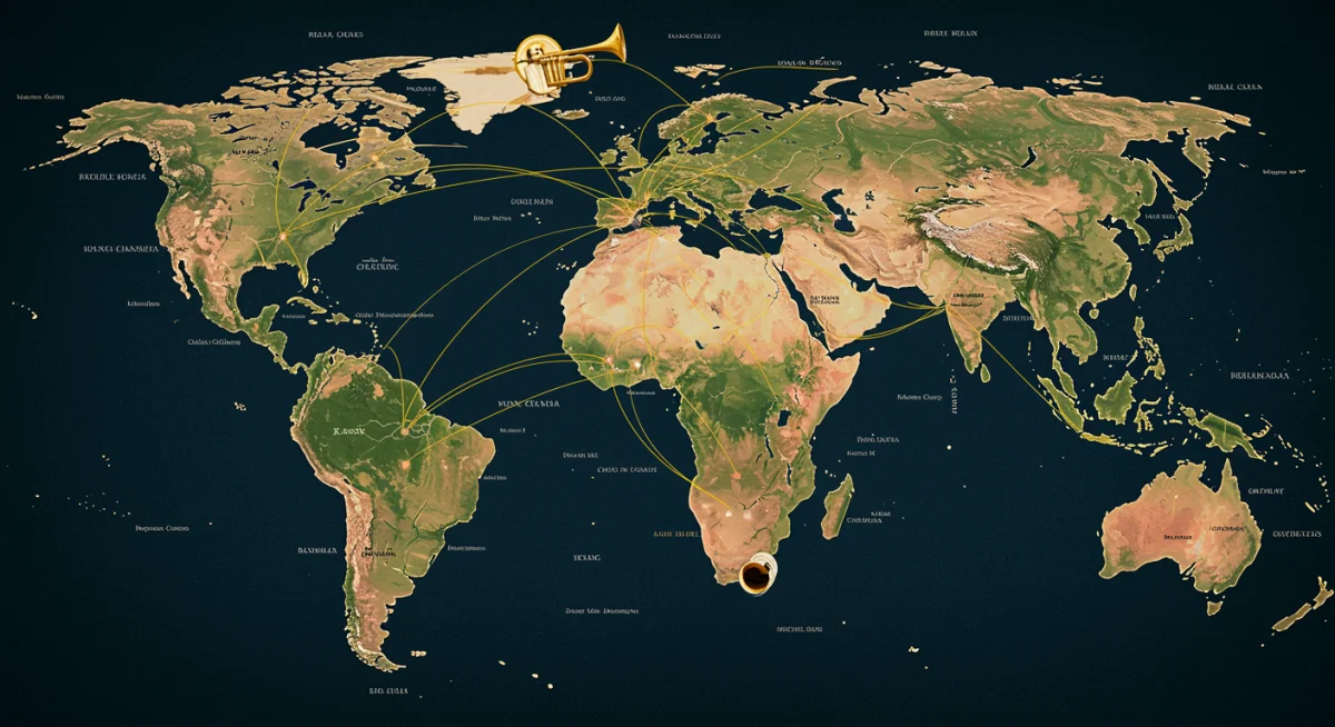 Mapa-múndi com símbolos de tensões geopolíticas e mudanças econômicas, representando o cenário global das profecias.