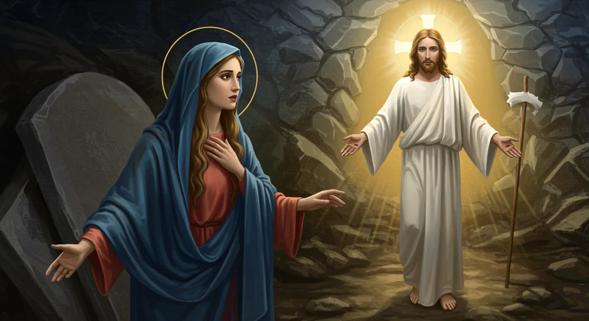 Maria Madalena no sepulcro, sendo a primeira a testemunhar a ressurreição de Jesus, simbolizando seu papel central e a confiança de Cristo nela.