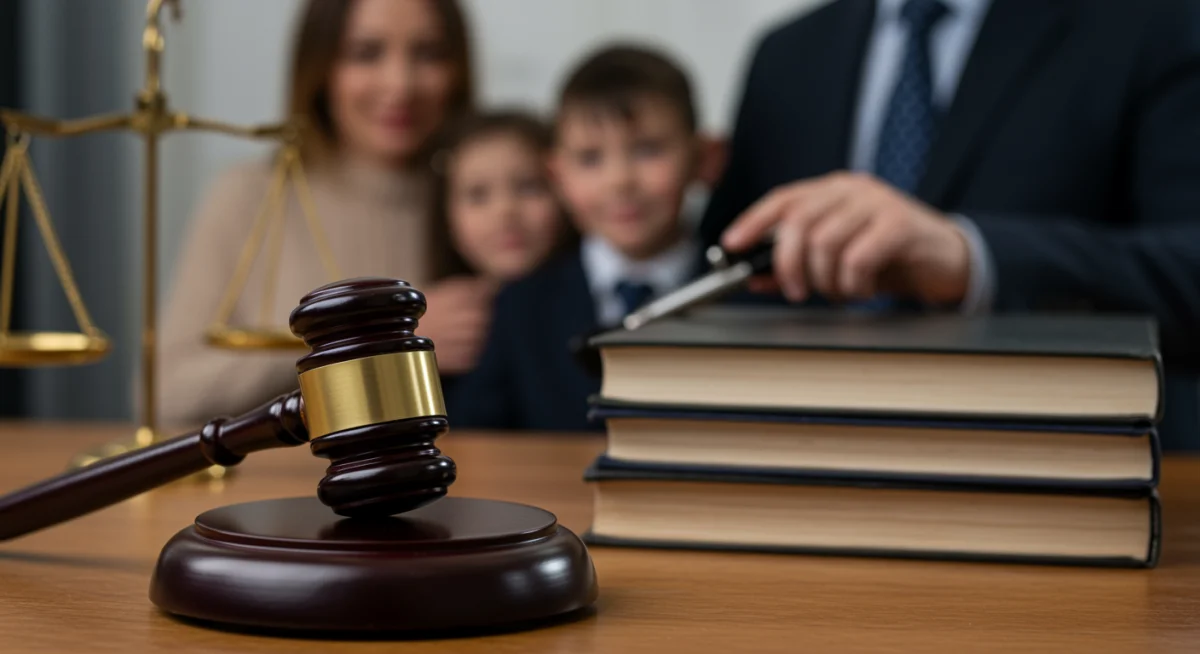 Martelo de juiz sobre livros de direito, com família ao fundo, ilustrando a proteção familiar.
