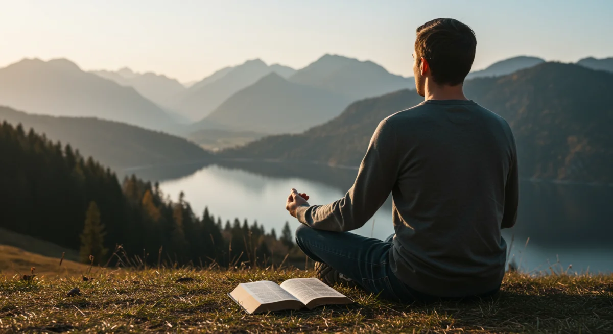 Pessoa meditando com a Bíblia ao ar livre, simbolizando reflexão e conexão espiritual para superar a ansiedade.