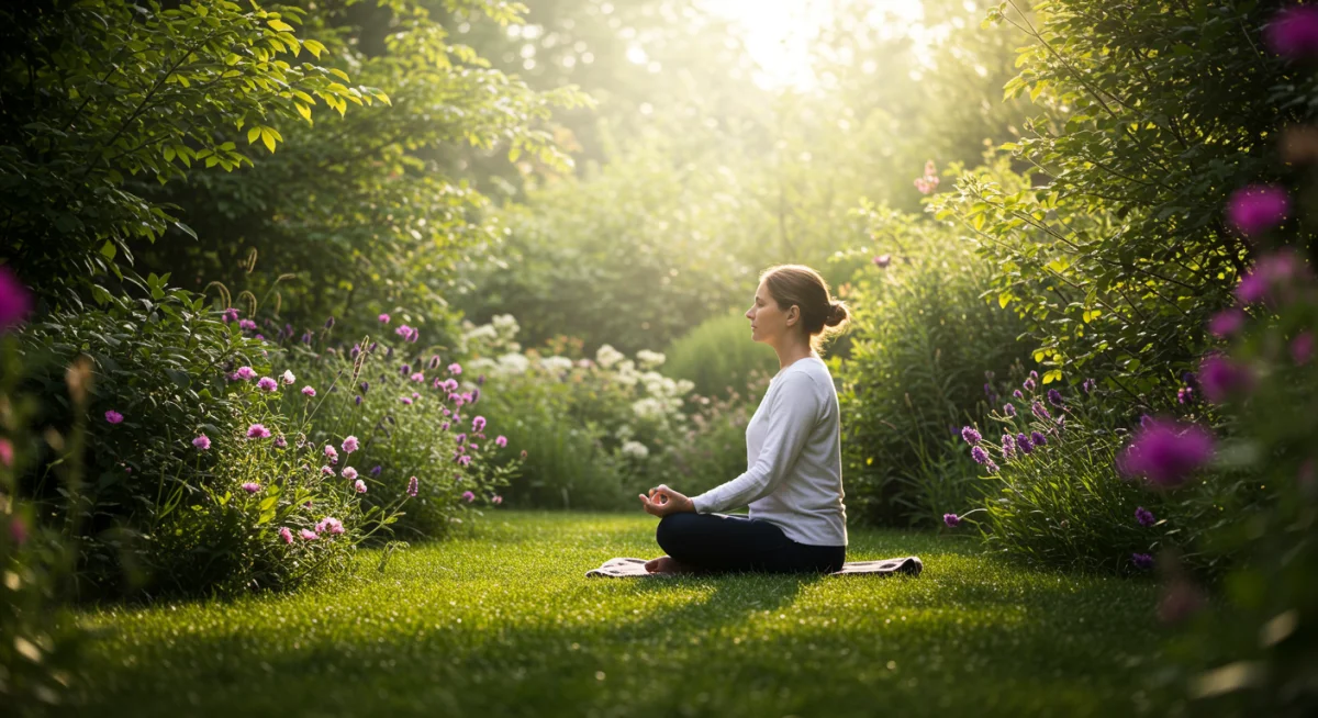 Pessoa meditando em um jardim, transmitindo paz e serenidade.