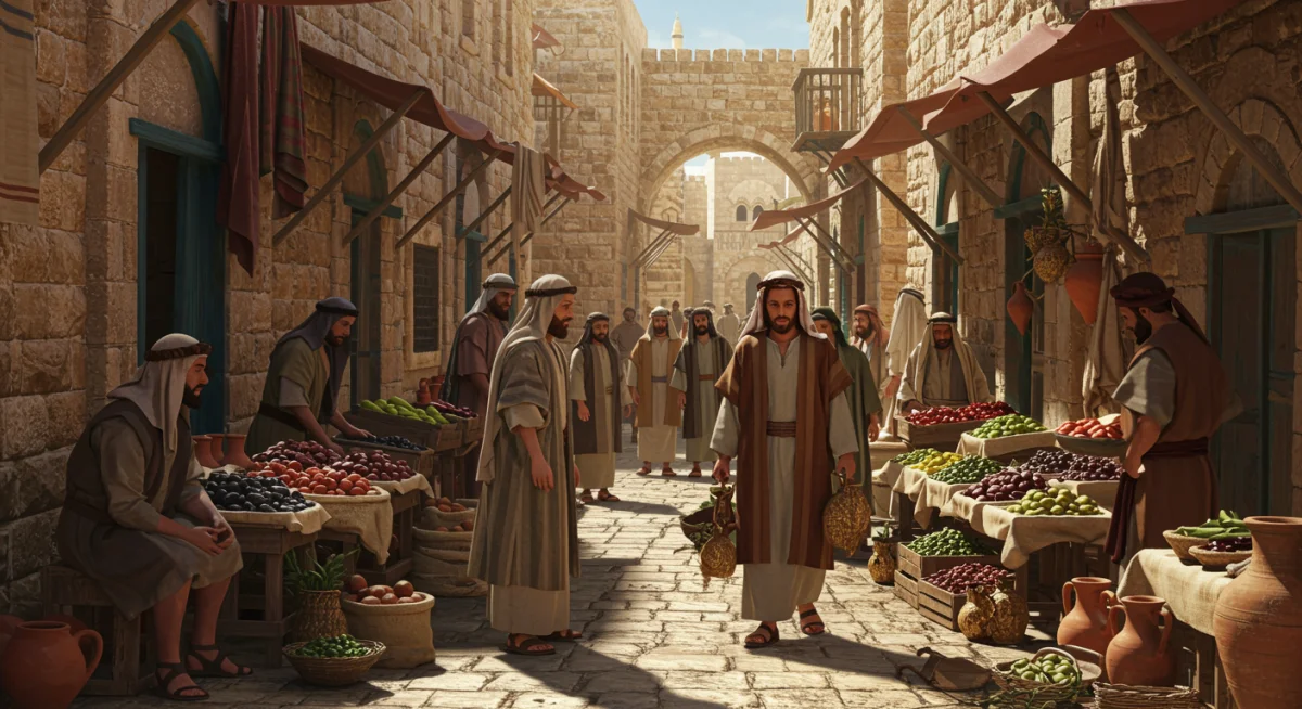 Mercado movimentado em Jerusalém Antiga, mostrando alimentos e costumes da época de Jesus.