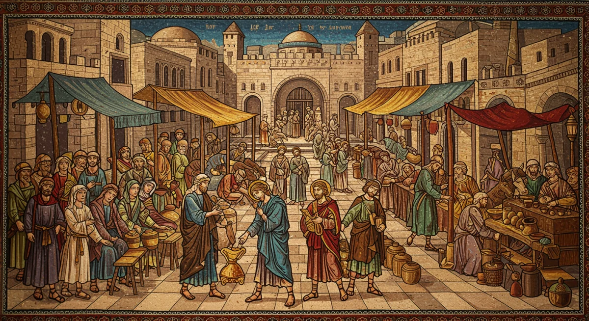 Mosaico de um mercado antigo em Jerusalém, ilustrando o contexto histórico da linhagem de Jesus.