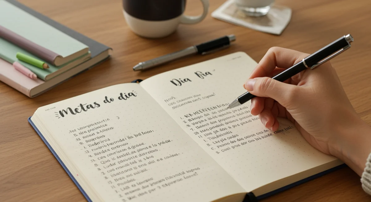 Pessoa escrevendo metas do dia em um diário, como parte de uma rotina de fé e planejamento.
