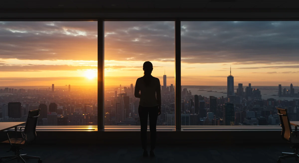 Mulher contemplando o nascer do sol pela janela do escritório, buscando propósito no trabalho.