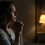 Mulher serena rezando à noite, com as mãos postas e olhos fechados, em um quarto iluminado por uma luz suave.