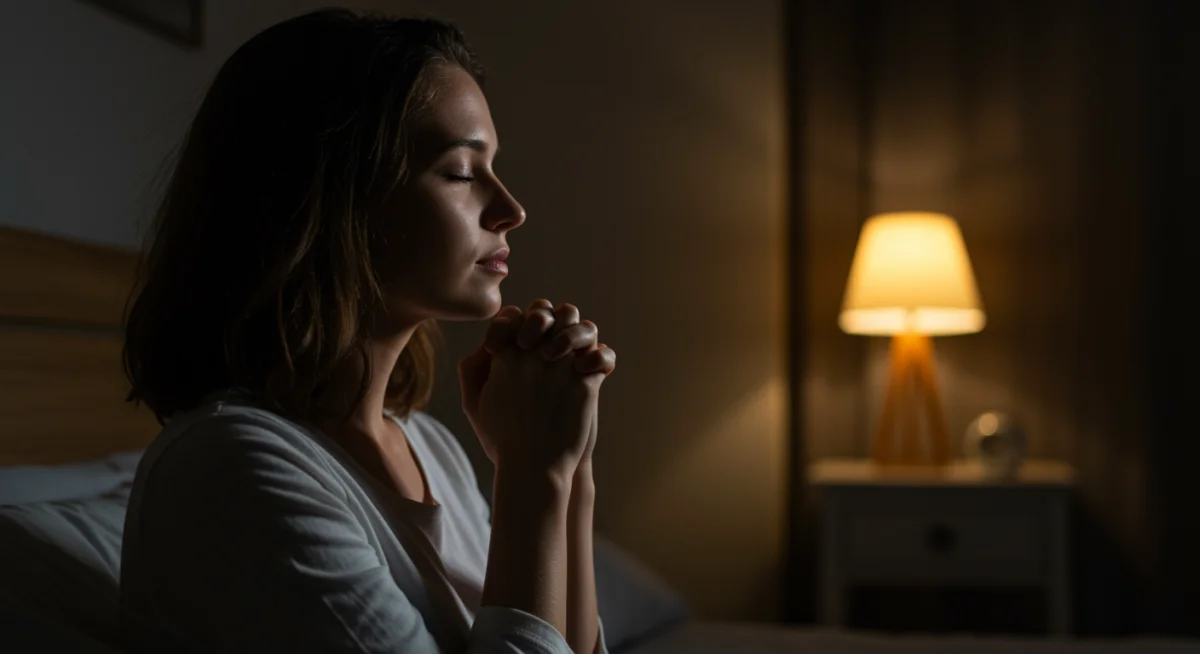 Mulher serena rezando à noite, com as mãos postas e olhos fechados, em um quarto iluminado por uma luz suave.