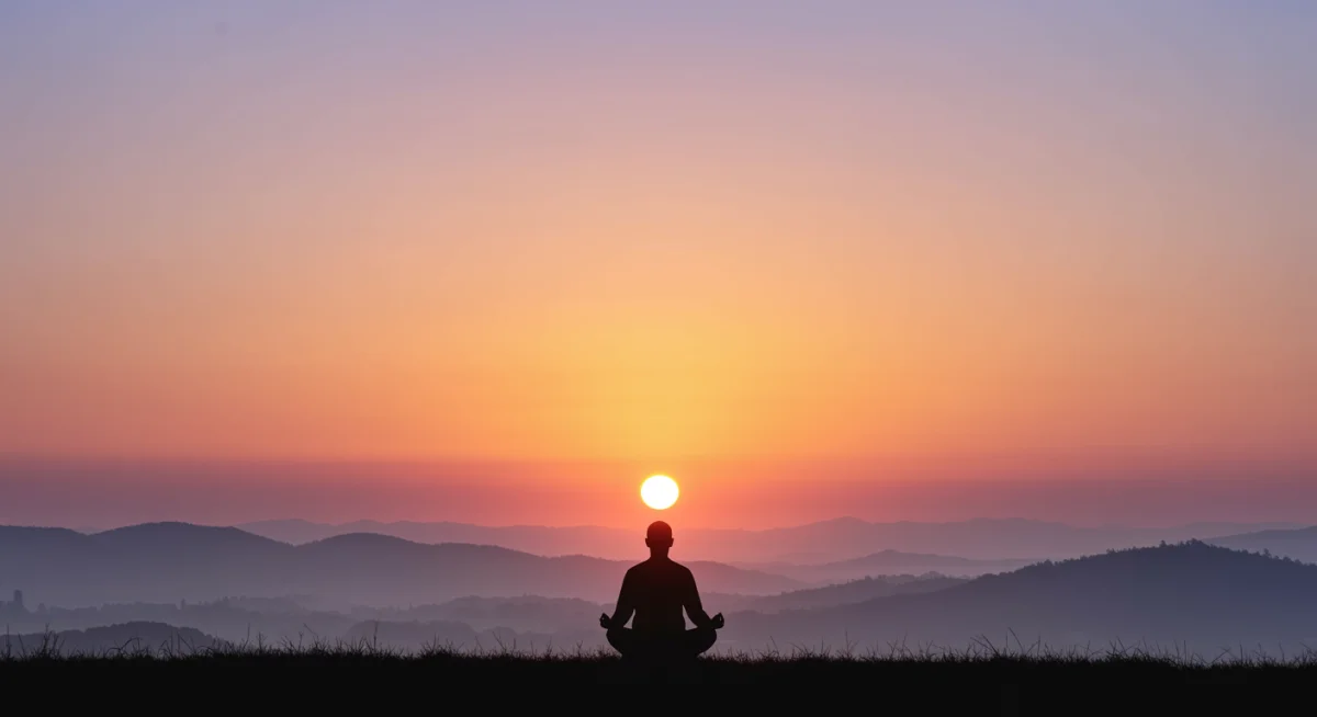 Nascer do sol inspirador com silhueta de pessoa em oração, simbolizando renovação espiritual.