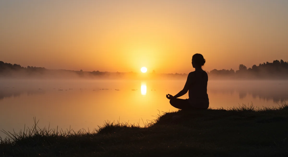 Nascer do sol sereno sobre um lago, com uma pessoa meditando à beira d'água.