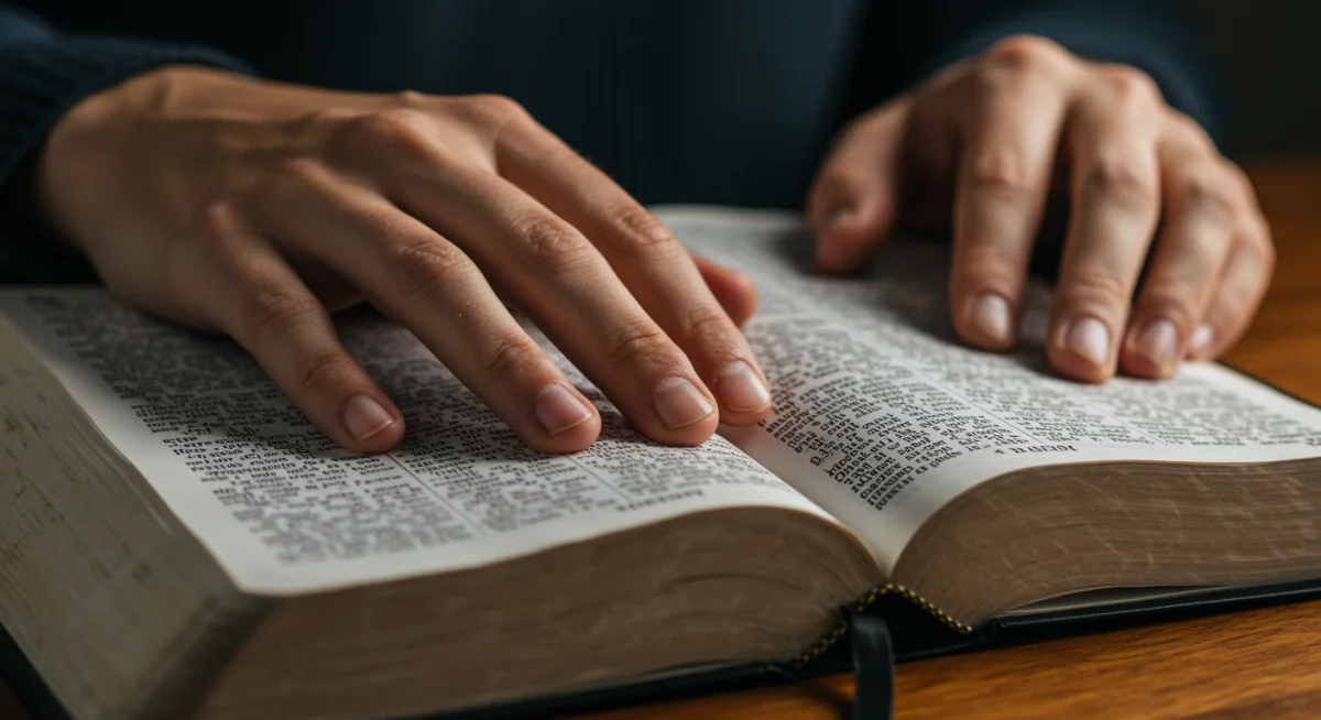 Mãos sobre a Bíblia aberta, simbolizando a oração com fé e baseada na Palavra.