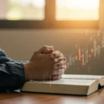 Pessoa orando com a Bíblia aberta, simbolizando fé e busca por orientação divina em meio a desafios financeiros.