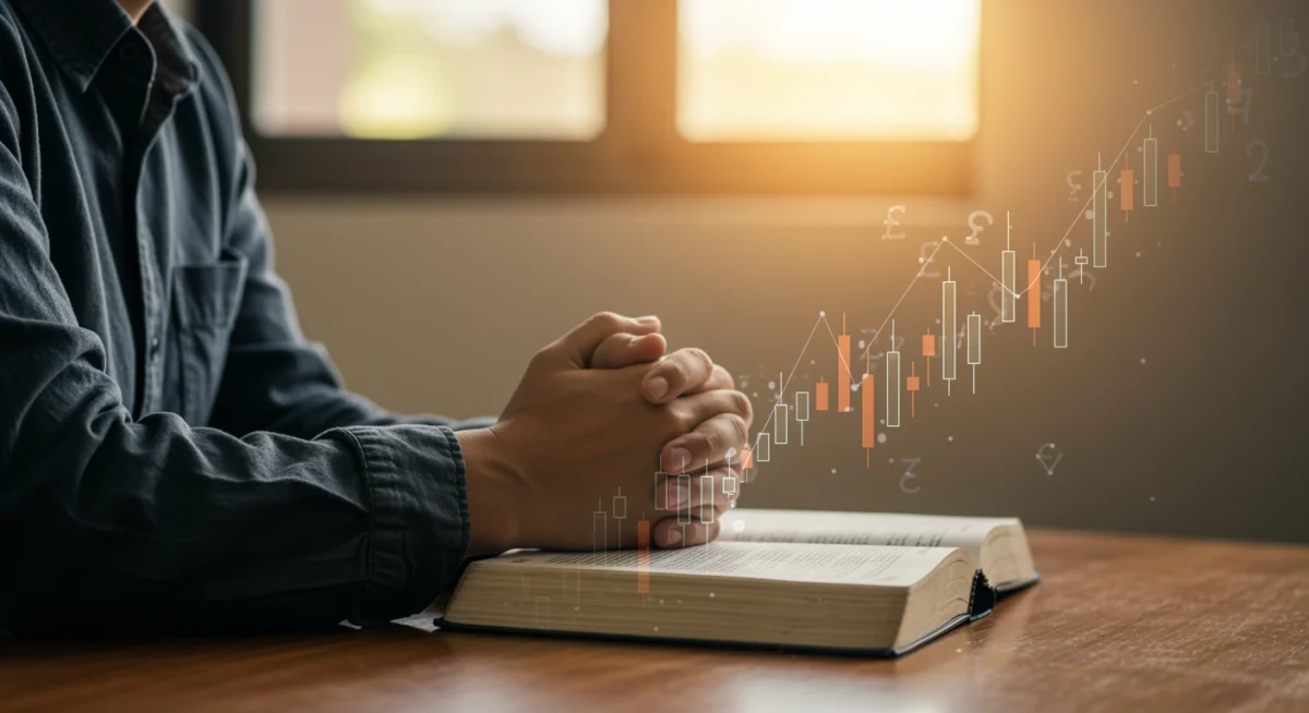 Pessoa orando com a Bíblia aberta, simbolizando fé e busca por orientação divina em meio a desafios financeiros.