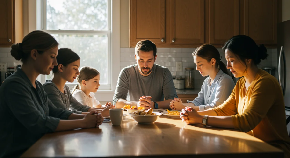 Família reunida à mesa, orando antes de uma refeição