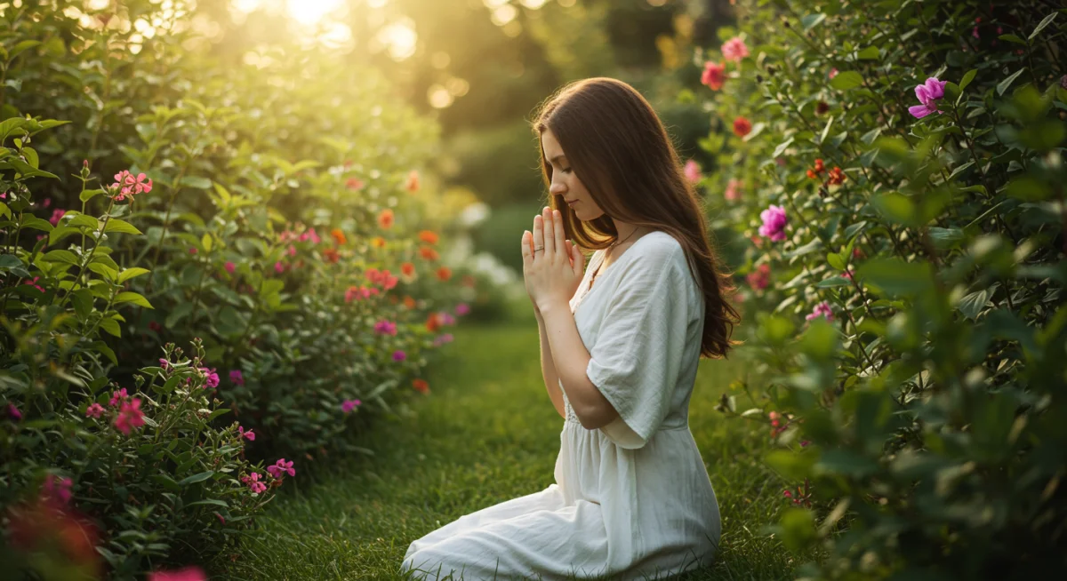 Pessoa ajoelhada em oração em um jardim ensolarado, transmitindo paz e conexão espiritual.