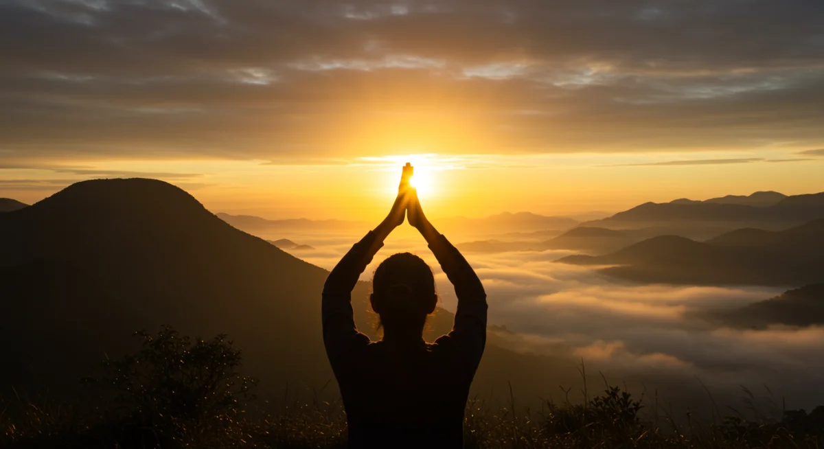 Pessoa em silhueta orando diante do nascer do sol nas montanhas, simbolizando a oração da manhã para um dia abençoado.