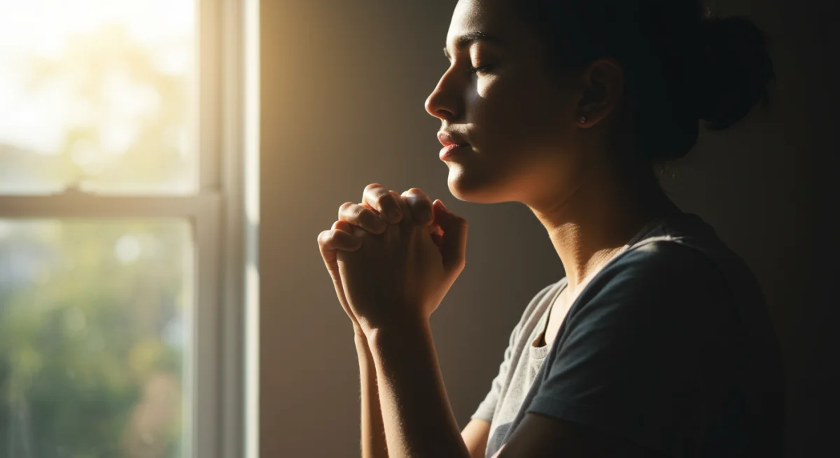 Mulher fazendo uma oração para superar a ansiedade em um ambiente tranquilo e iluminado.