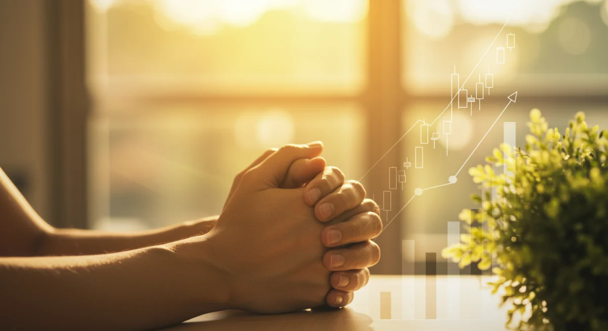 Pessoa orando com as mãos juntas, em luz dourada, simbolizando esperança e conexão divina para a prosperidade.