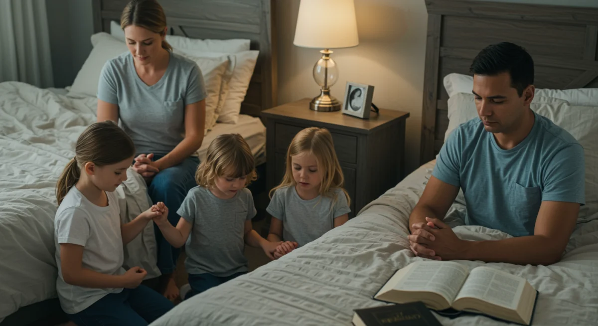Pais e filhos ajoelhados em oração ao lado da cama