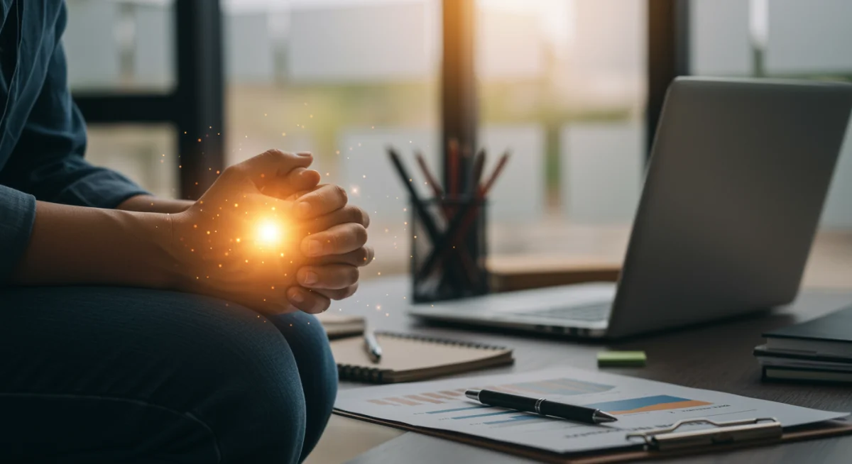 Pessoa orando ajoelhada em um ambiente de escritório, buscando orientação divina para o trabalho e sucesso profissional.