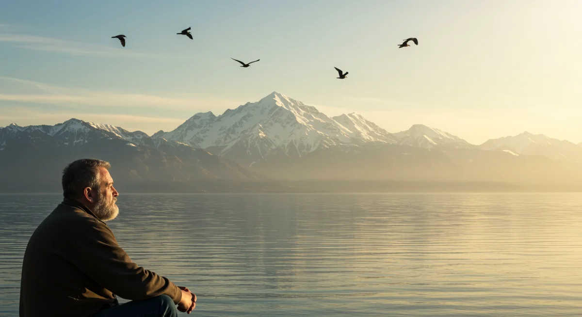 Paisagem serena com lago calmo e montanhas ao fundo, transmitindo tranquilidade e a beleza da criação de Deus.