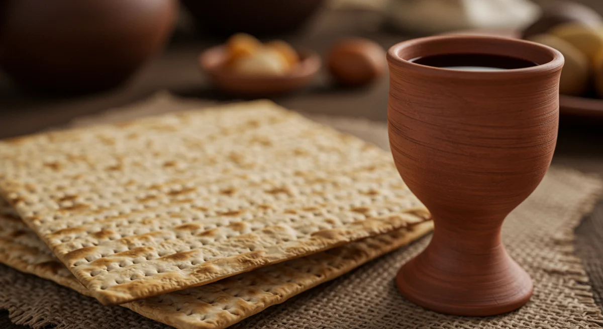 Pão ázimo e vinho em uma mesa rústica, simbolizando os alimentos centrais da Última Ceia.