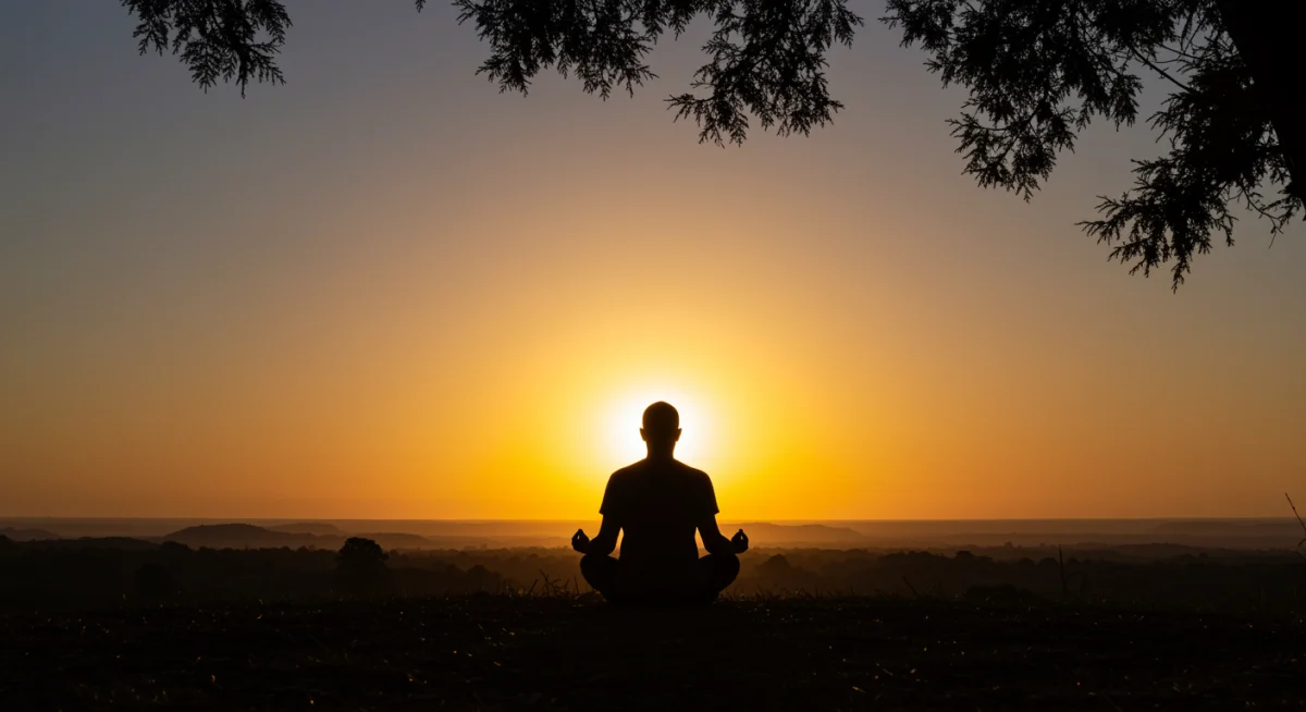 Pôr do sol inspirador com uma pessoa em silhueta, simbolizando paz interior e crescimento espiritual através da fé.