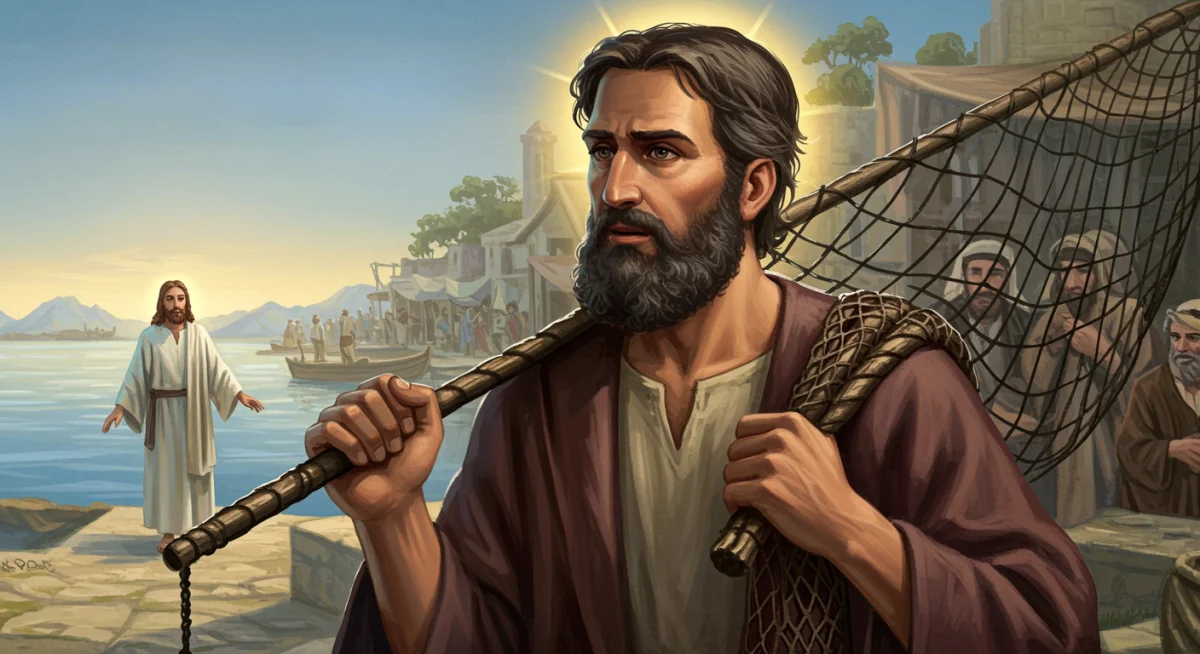 Pedro, um dos primeiros discípulos, com sua rede de pesca, simbolizando sua origem como pescador e seu chamado por Jesus.