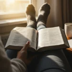 Pessoa lendo a Bíblia em um ambiente tranquilo com luz natural, simbolizando a leitura diária e a reflexão.
