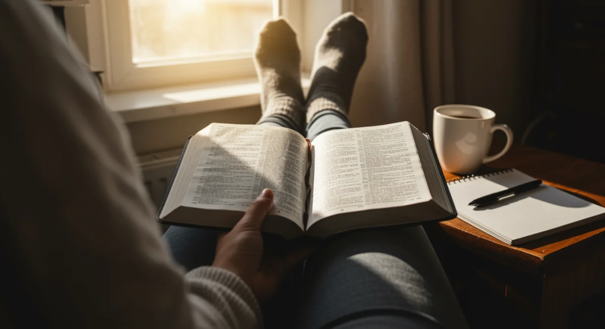 Pessoa lendo a Bíblia em um ambiente tranquilo com luz natural, simbolizando a leitura diária e a reflexão.