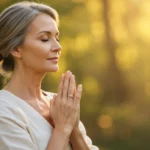 Pessoa em oração com expressão serena, simbolizando paz interior e conexão espiritual.