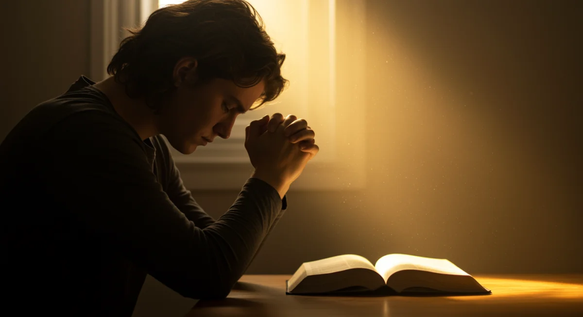 Pessoa orando de joelhos com as mãos postas, silhueta contra uma luz acolhedora, simbolizando esperança e conexão divina em tempos de aflição.