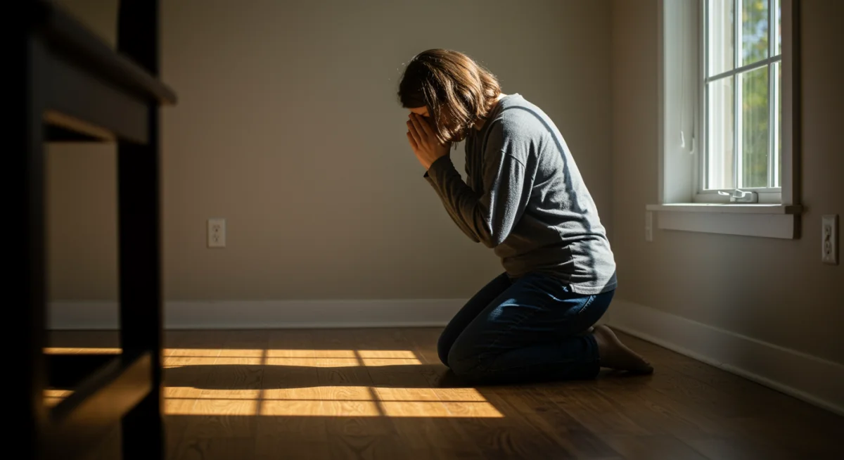 Pessoa orando de joelhos em busca de perdão através de orações de arrependimento.