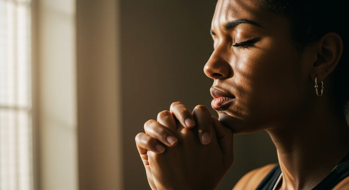 Pessoa orando com propósito e fé, buscando respostas de Deus.