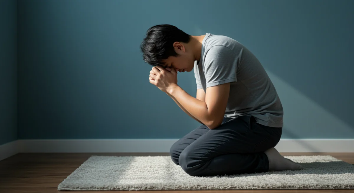 Pessoa orando ajoelhada, mãos unidas, em um ambiente sereno e iluminado, simbolizando esperança e consolo em momentos de dificuldade.