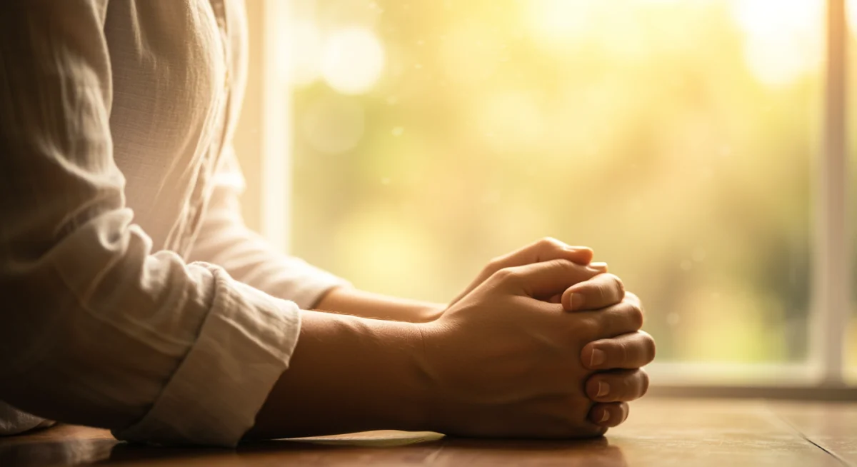 Pessoa orando ajoelhada, envolvida por uma luz suave e calorosa, simbolizando cura e esperança.