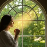 Pessoa orando ajoelhada, com luz suave, transmitindo esperança e devoção.