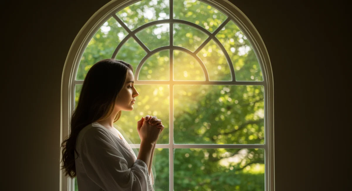Pessoa orando ajoelhada, com luz suave, transmitindo esperança e devoção.