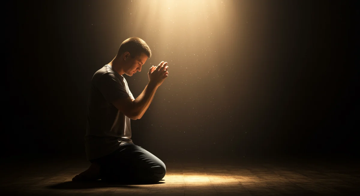 Pessoa orando de joelhos, mãos unidas, com luz divina, simbolizando fé e conexão espiritual.
