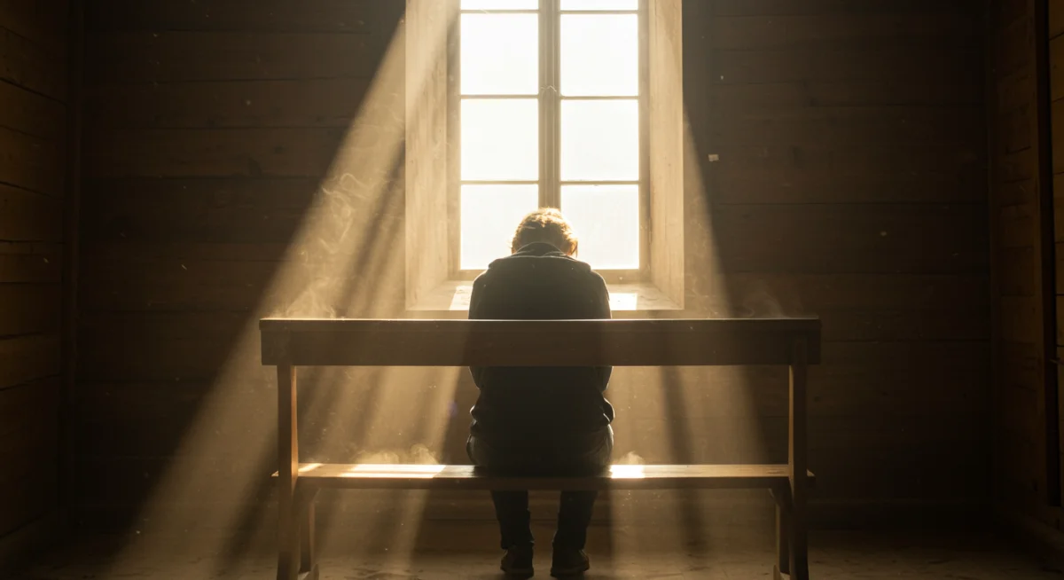 Pessoa orando em um banco de igreja, buscando paz em meio a uma crise.
