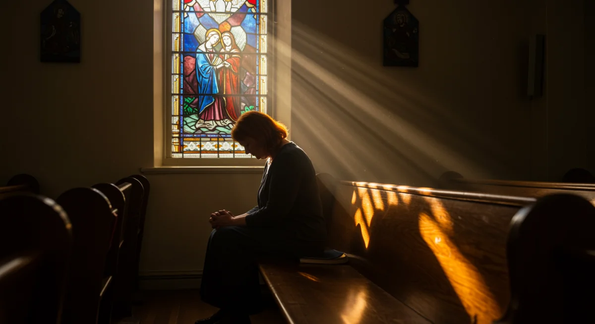 Pessoa orando em um banco de igreja, refletindo sobre o significado da oração intercessória.