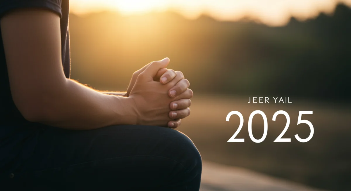 Pessoa orando ajoelhada, mãos unidas, com luz etérea, simbolizando esperança e conexão divina para 2025.