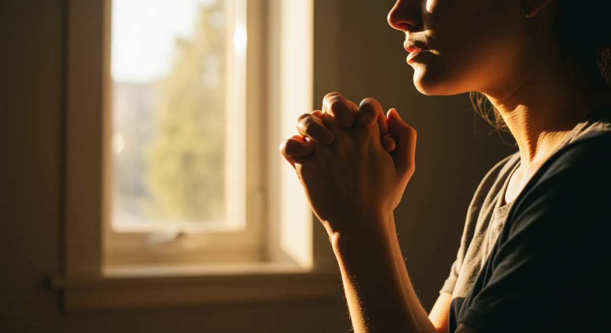 Pessoa orando em ambiente sereno com luz da manhã, simbolizando a oração matinal.