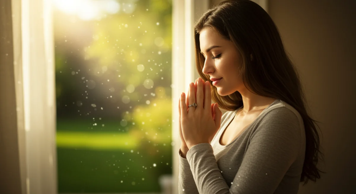 Pessoa orando em um ambiente calmo, com luz suave, simbolizando proteção divina e paz interior.