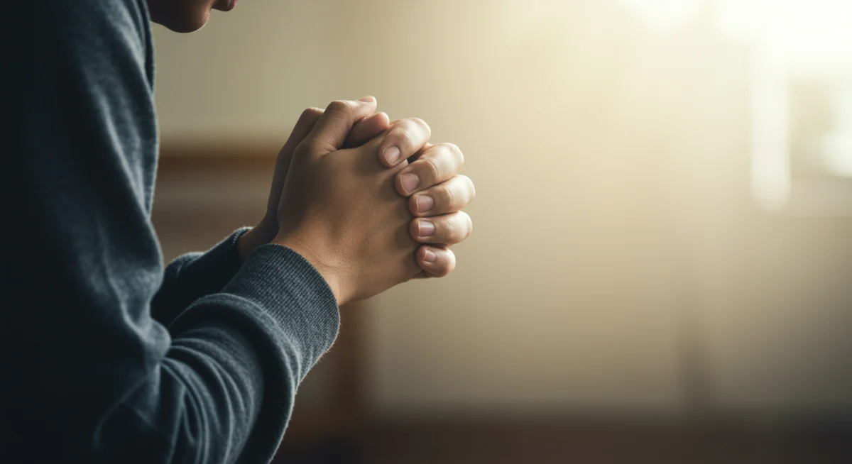 Pessoa orando urgentemente com as mãos postas, buscando uma resposta divina.